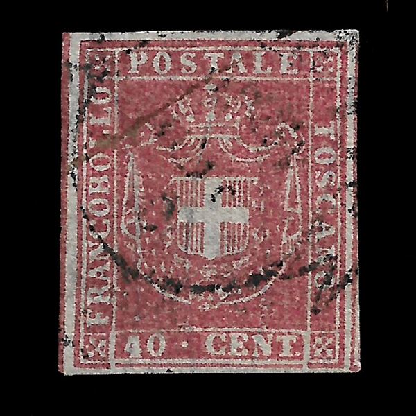 1860. Governo provvisorio: 40 cent. Carminio (Sassone n. 21) bordo di foglio con linea di riquadro, usato. Certificato Raybaudi.