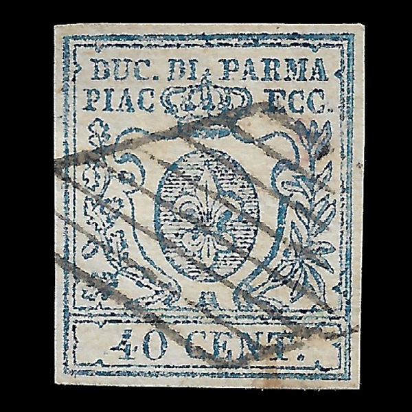 1857. 40 cents. Dark blue type I, wide zero (Sassone n. 11a) used. Raybaudi certified.