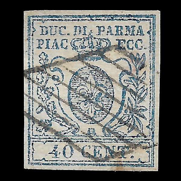 1857. 40 cent. Azzurro scuro del I tipo, zero largo (Sassone n. 11a) usato. Certificato Raybaudi.