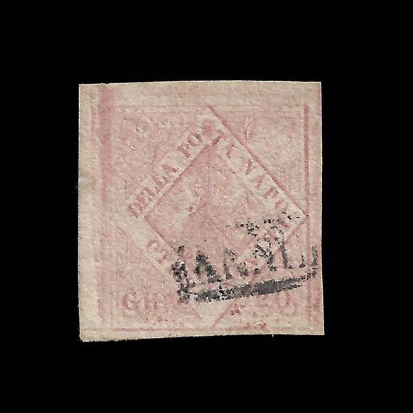 1858. 20 gr. Rosa chiaro, seconda tavola, usato. Certificato Bruno Savarese Oliva.