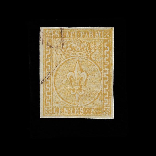 1853. 5 cent. Giallo arancio (Sassone n. 6) usato. Certificato Raybaudi. II Emissione