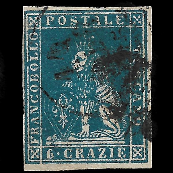 1857. 6 crazie azzurro vivo su carta bianca (Sassone 15a) usato. Certificato Raybaudi