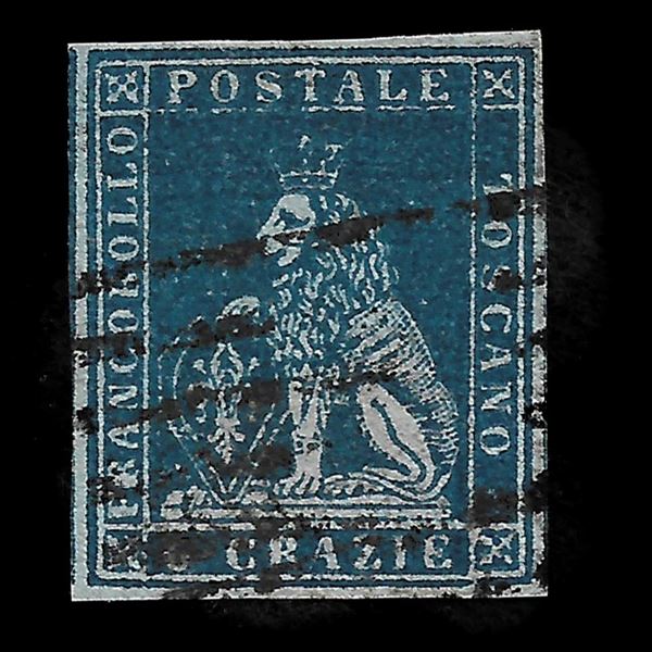 1851. 6 crazie azzurro scuro su azzurro (Sassone n. 7c) usato. Certificato Raybaudi