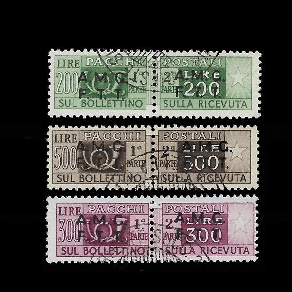 1947/48. Postal parcels: Three high values "Corno di Posta" with overprint on two lines (Sassone n. 10,11 and 12) used