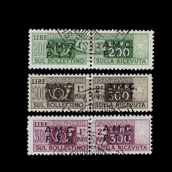 1947/48. Pacchi postali: Tre alti valori "Corno di Posta" con soprastampa su due righe (Sassone n. 10,11 e 12) usati