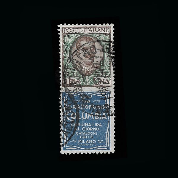 1924. Pubblicitari: 1 lira bruno, verde e oltremare "Columbia" (Sassone n. 19) usato. Certificato Raybaudi