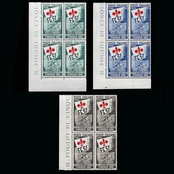 1951 Serie "Concorsi Ginnici" (Sassone n. 661/663) in blocchi di quattro esemplari, bordo angolo di foglio, nuovi. Certificato Raybaudi