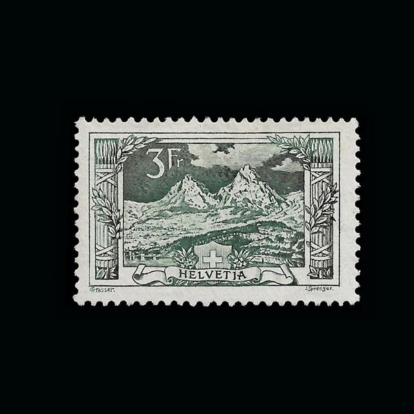 1914. Veduta monti, 3 franchi verde (Yvert  n. 142) nuovo con gomma. Certificato Diena