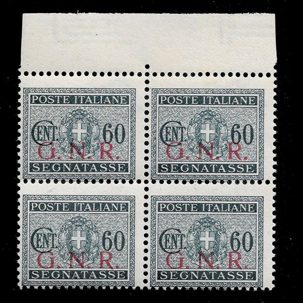 1943. Repubblica Sociale, segnatasse, 60 cent. Ardesia, sovrastampa  "G.N.R." tiratura di Brescia,blocco di quattro esemplari MNH bordo di foglio superiore. Sassone n.54/I.Cert. Ray