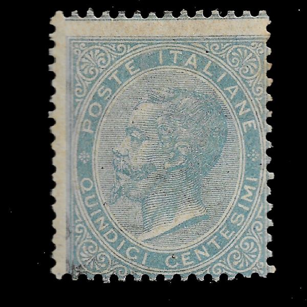 1863. 15 cents. Light blue "Vittorio Emanuele II°", London edition, original rubber. (Sass. N. L18). Ray gold certificate