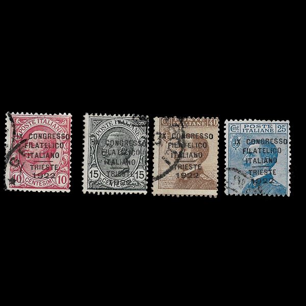1922, 9° Congresso Filatelico Italiano, Trieste, francobolli del 1906/1909 soprastampati (Sassone 123/126)in  serie completa usata. Firmata Diena