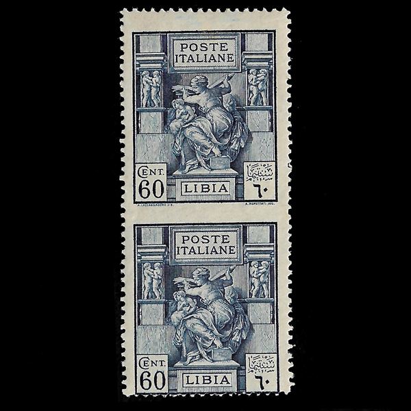 1924, Libya 60 c. light blue from the "Sibilla Libica" series, vertical pair not notched in the center, original rubber. Signed Diena