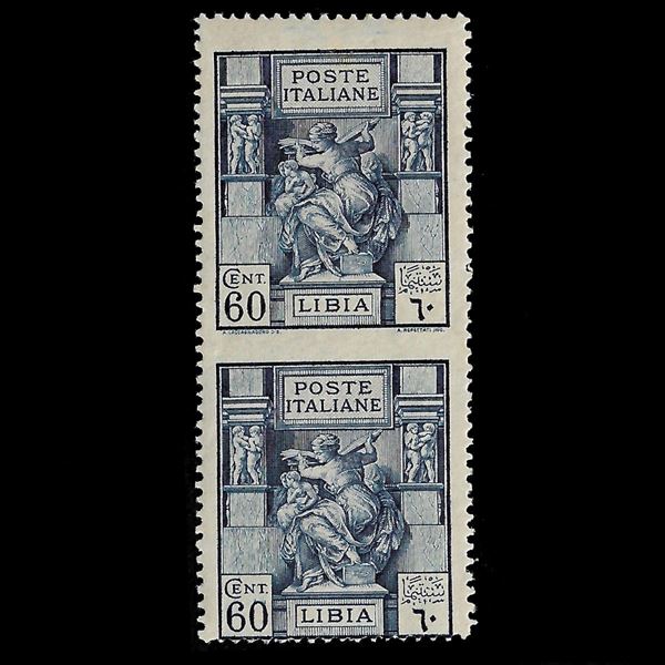 1924, Libia 60 c. azzurro della serie "Sibilla Libica", coppia verticale non dentellata al centro, gomma originale. Firmato Diena