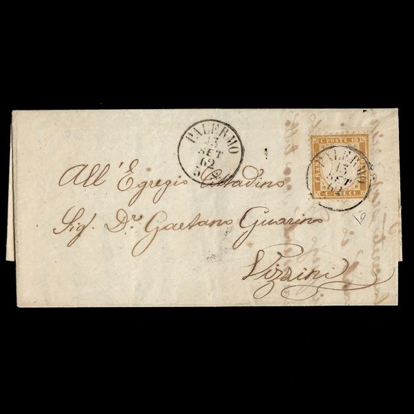 1862, 10 c. bistro giallastro (Sassone n. 1 )  su lettera la Palermo a Vizzini del 13/09/1862. Firmata Diena