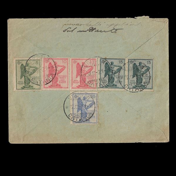 1921. Lettera da Vizzini ad Acireale del 07/12/1921 affrancata in tariffa con la serie completa del 3° anniversario della Vittoria.