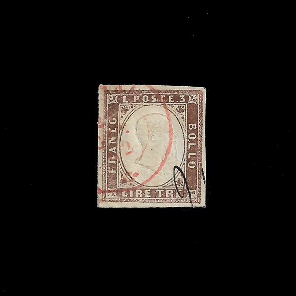 1862, 3 lire rame vivo (Sassone  n. 185/A usato). Annullamento in rosso. Cert. Oro Ray. Sassone specializzato quota 7500