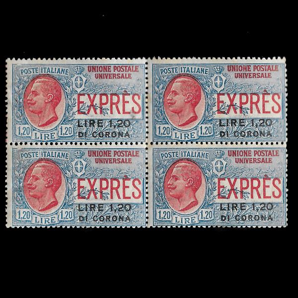 1922, espressi: 1,20 su 1,20 azzurro e rosso soprastampato. "Non emesso". Blocco di quattro esemplari nuovo. Cert. Oro Ray