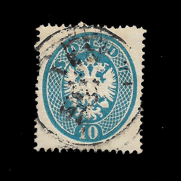 1863, 10 soldi azzurro con dentellatura 14 (Sass. N. 39) usato. Cert. Ray.