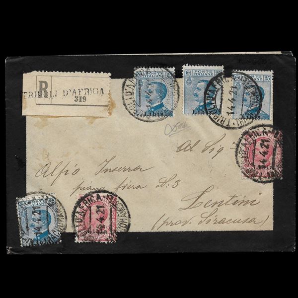 1921. Lettera secondo porto da Tripoli a Lentini del 14,04,1921 affrancata con 10 c.rosa Leoni e quattro 25 c. azzurro Michetti con soprastampa in nero del I tipo "Libia" (Sassone n. 4 x2 + 7x4. Cert. Zappalà