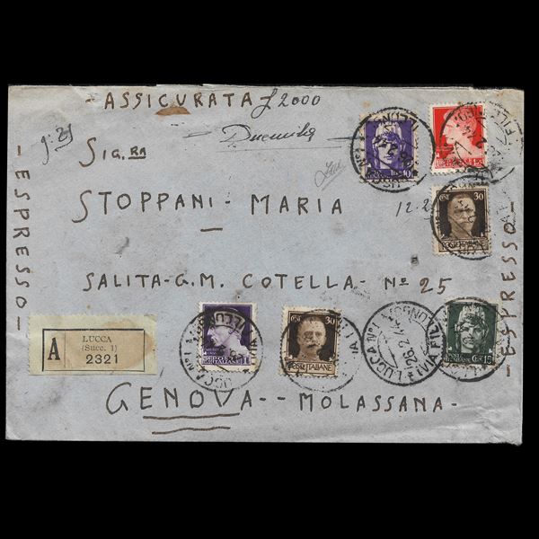 Lettera di grammi 29 (doppio porto) assicurata per £ 2,000, espresso da Lucca a Genova del 26,02,1944. Affrancata in tariffa 13,50. Cert. Zappalà.