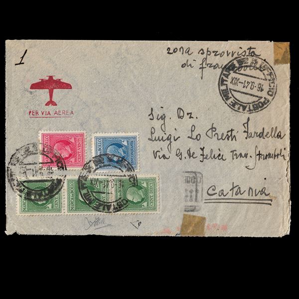 Letter sent by airmail from Military Post 52 in Albania, an area without stamps, on 09/16/1942 for Catania, stamped in an emergency. Zappalà certified.