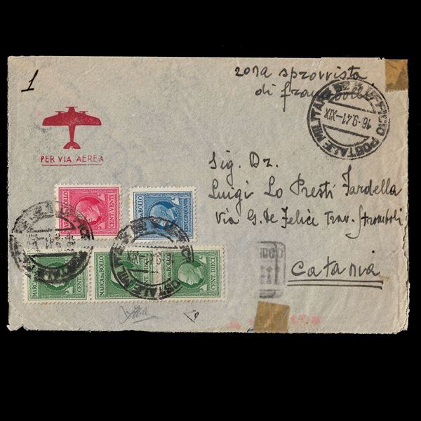 Lettera spedita posta aerea dalla Posta Militare 52 in Albania, zona sprovvista di francobolli, il 16/09/1942 per Catania affrancata in emergenza. Certificato Zappalà.