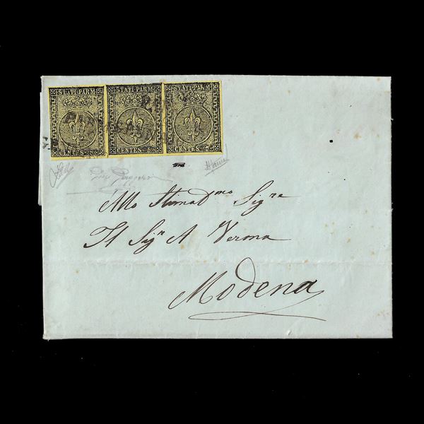1853. Ducato di Parma, lettera  da Parma per Modena del 9/01/1853 affrancata con striscia di tre del 5 c giallo (Sassone n. 5a). Certificato Zappalà