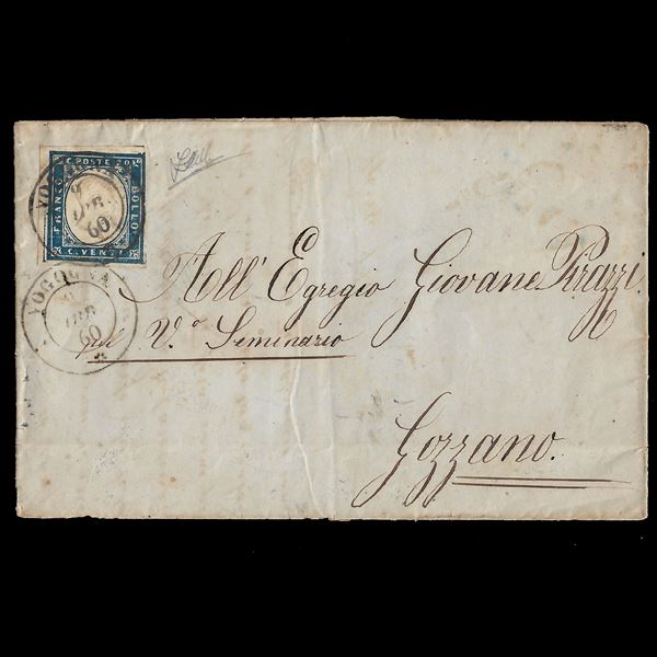 Lettera da Vogogna per Gozzano del 09/04/1860, affrancata con 20 c. azzurro scurissimo (Sassone n. 15C) annullato con doppio cerchio piccolo con rosetta "Vogogna 9 aprile 60" (Sassone annullamenti p.10. Cert. Zappalà
