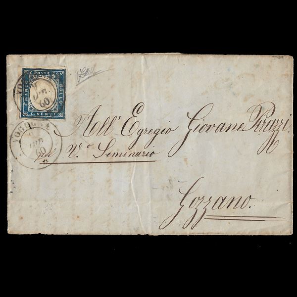 Letter from Vogogna to Gozzano dated 04/09/1860, franked with 20 c. very dark blue (Sassone n. 15C) canceled with double small circle with rosette "Vogogna 9 April 60" (Sassone cancellations p.10. Cert. Zappalà