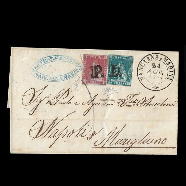 1853. Lettera spedita da Marciana Marina a Marigliano, affrancata con I crazia carminio su grigio ed un 2 crazie azzurro su grigio Marzocco - Leone mediceo con corona sulla testa (Sassone 4d + 5d)Annullati con bollo nero PD (Sassone annullamenti P )) cert