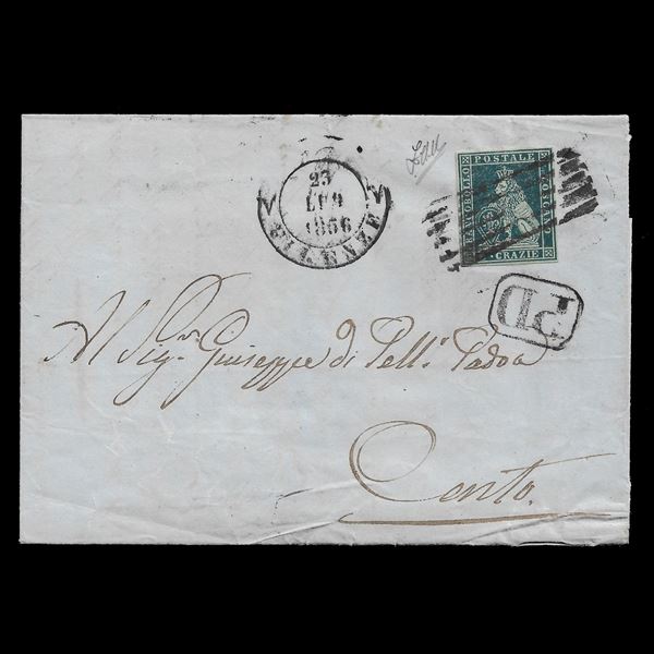 1856. Lettera da Firenza per Cento, 23/07/1856, affrancata con 6 crazie ardesia su grigio Marzocco-Leone Mediceo con corona sulla testa (Sassone n. 7). Cert. Zappalà.
