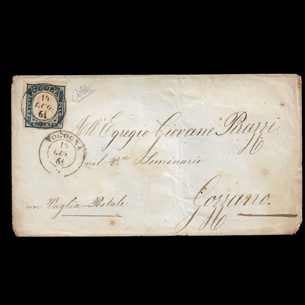 1861. Lettera spedita da Vogogna per Gozzano affrancata con 20 c. azzurro scurissimoi (Sass. 15C) annullato con bollo a doppio cerchio piccolo con rosetta "Vogogna 15 luglio 61" (Sassone annullamenti P.10)Cert. Peritale Zappalà