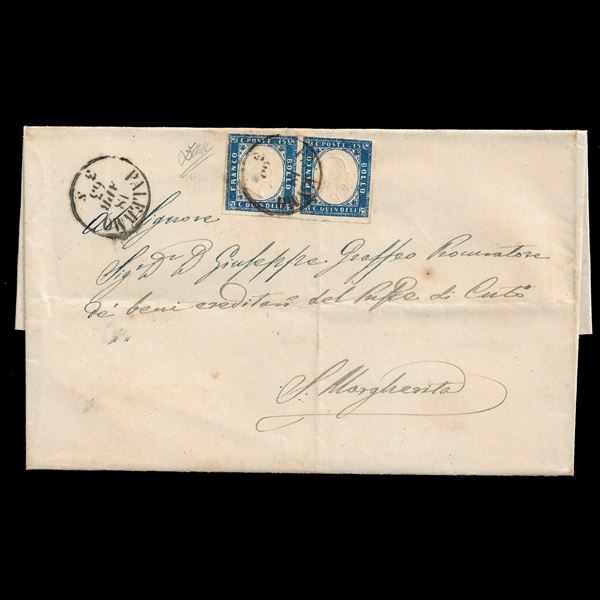 1863. Lettera in doppio porto con coppia orizzontale del 15 c. tipo Sardegna (Sassone n.11) da Palermo a S. Margherita del 18 aprile 1863. Uso tardivo. Esemplare di destra presenta piega d'archivio. Senza testo. Firmata Zappalà.