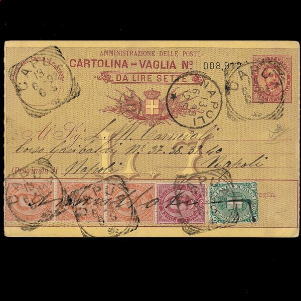 1890.Cartolina vaglia da 7 lire (Filagrano V8) con francobolli aggiunti per c. 75, in tariffa. Firmata Zappalà