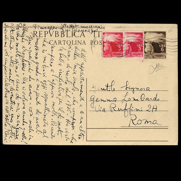 1948. Cartolina postale a tariffa ridotta da 6 lire (Filagrano  C138) con francobolli aggiunti, da Perugia a Roma. Firmata Zappalà