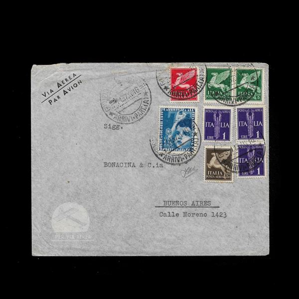 1930/37. Lettera da Gorizia a Buenos Aires, in tariffa, affrancata con 10 l PA (Sass.14), coppia orizzontale 5 l. (Sass.16)+ 3 l.1 (Sass.14)+ 50 c. (Sass. 11) e 1,25 lire "Colonie Estive" 8Sass. 412). Firmata Zappalà