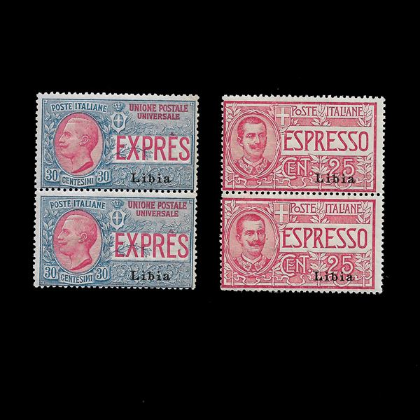 1915 c.25. c.30 Espressi (Sass. 1/2) vertical pair with 1st type overprint. New, never hinged.