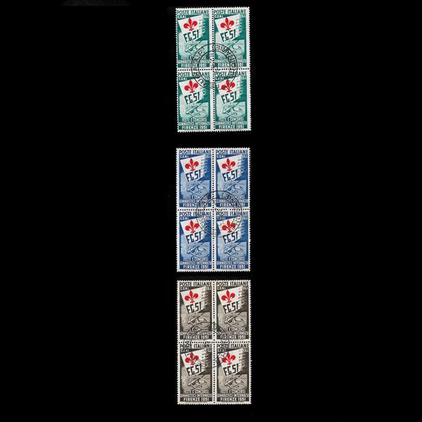 1951. "Giochi Ginnici di Firenze": 5, 10 e 15 lire (Sassone nn. 661/663) in blocchi quattro annullati con bollo di Perugia. Cert. Diena