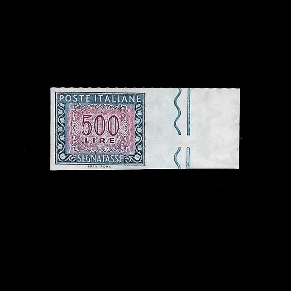 1955/81. 500 lire postage due, carmine blue, not perforated (Sassone120Vb)