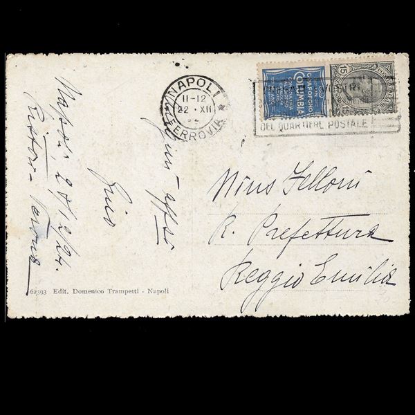 1924. 15 c. grigio oltremare, serie "Pubblicitari" (Sass. N.2)  usato, su cartolina viaggiata da Napoli a Reggio Emilia del 22,12,1924.
