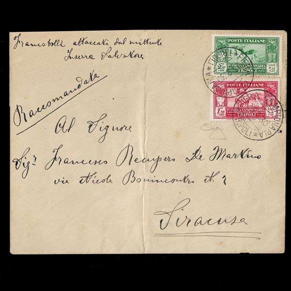1930. Racc. da Tripoli a Siracusa del 23/02/1930 affrancata con 2,55 l + 1,75 l "Fiera Campionaria di Tripoli" (Sass. 90/91). Piega d'archivio al centro. Firmata Vignati.