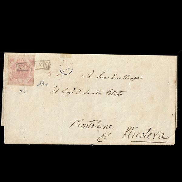 1860. Letter from Naples to Nicotera dated 21 June 1860, bearing a lilac pink 2 grana stamp of the Kingdom of Naples (Sass. N. 5a). The letter bears the Canceled in folder stamp and the accessory S.F. stamp. in blue. Buonocore Cert.