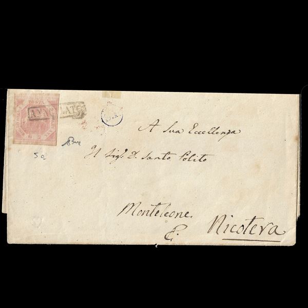 1860. Lettera da Napoli a Nicotera del 21 giugno 1860,recante francobollo da 2 grana del Regno di Napoli rosa lillaceo (Sass. N. 5a). La lettera reca il bollo Annullato in cartella ed il bollo accessorio S.F. in azzurro. Cert. Buonocore.