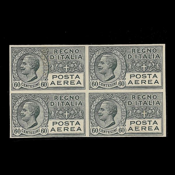 1926/28. Blocco di quattro prove di macchina del francobollo di posta aerea, 60 cent. (Sassone P3)Su carta spessa, non gommata, senza filigrana. Cert. E.Diena.