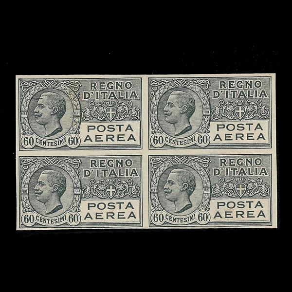 1926/28. Block of four airmail stamp machine proofs, 60 cent. (Sassone P3)On thick, non-gummed paper, without watermark. Cert. E.Diena.