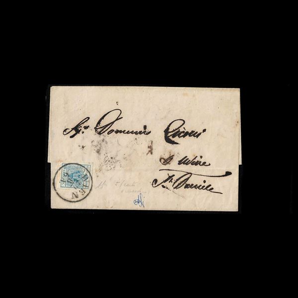 1850/54. 9 Kreuzer azzurro,  carta a macchina, ben marginato (Unificato n. 5I) su sovrascritta da Vienna a S. Daniele. Al verso annullo "San Daniele" lineare. Sigla Diena e +.