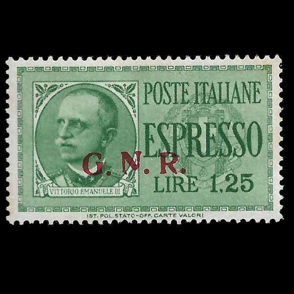1943/44. L. 1,25 espresso, tiratura di Brescia  (Sassone 19/II) Soprastampato G.N.R., con la base della lettera N rotta. Nuovo,  gomma integra. Firmato Sorani
