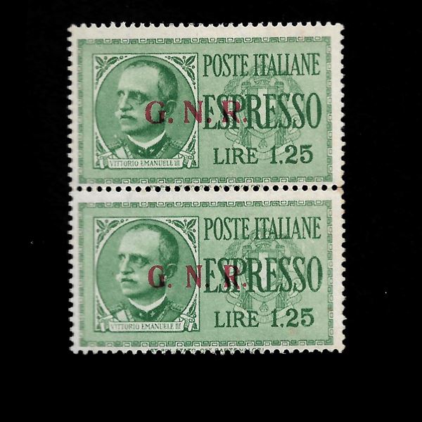 1943/44. 1.25 espresso, vertical pair, Brescia edition (Sassone 19/II and 19/III. New intact rubber. Upper example with type II overprint and lower example with type III overprint. Signed Sorani.