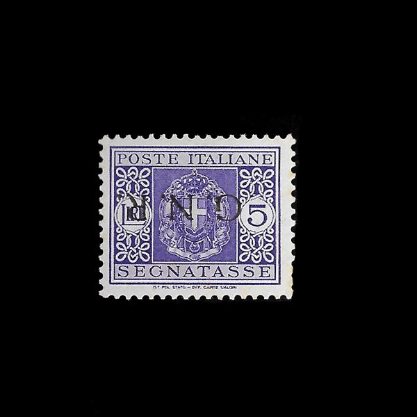 1944. 5 lire postage due, Verona edition with G.N.R. overprint. upside down (Sassone 57a). Original rubber. Signed Sorani.