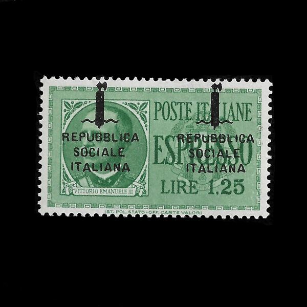 1944. Lire  1,25 espresso con soprastampa del tipo K ripetuta (Sassone 21B), tiratura di Torino. Nuovo, gomma integra.